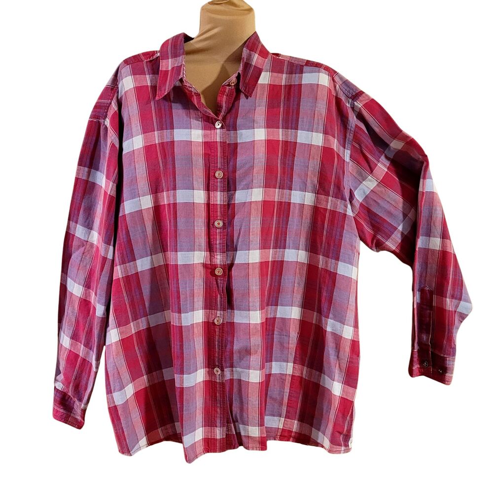 Wrangler Blues Woman Long Sleeve Shirt XL Fuchsia Lavender White Plaid Button Up